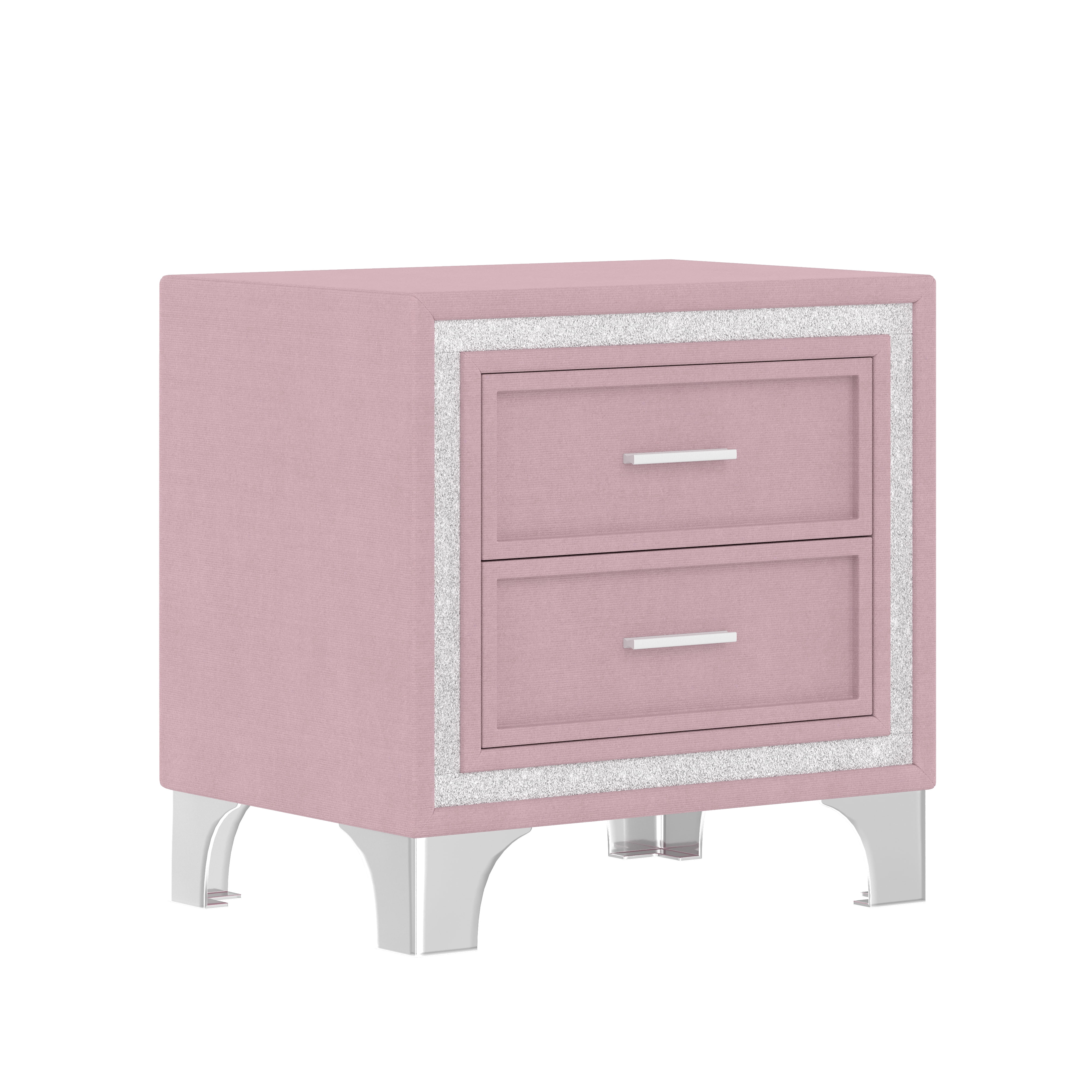 Euroco Mid Century Nightstand with with Silver Glitter Strip Decor,Rectangular Simple End Bedside Table with 2 Drawers,Pink