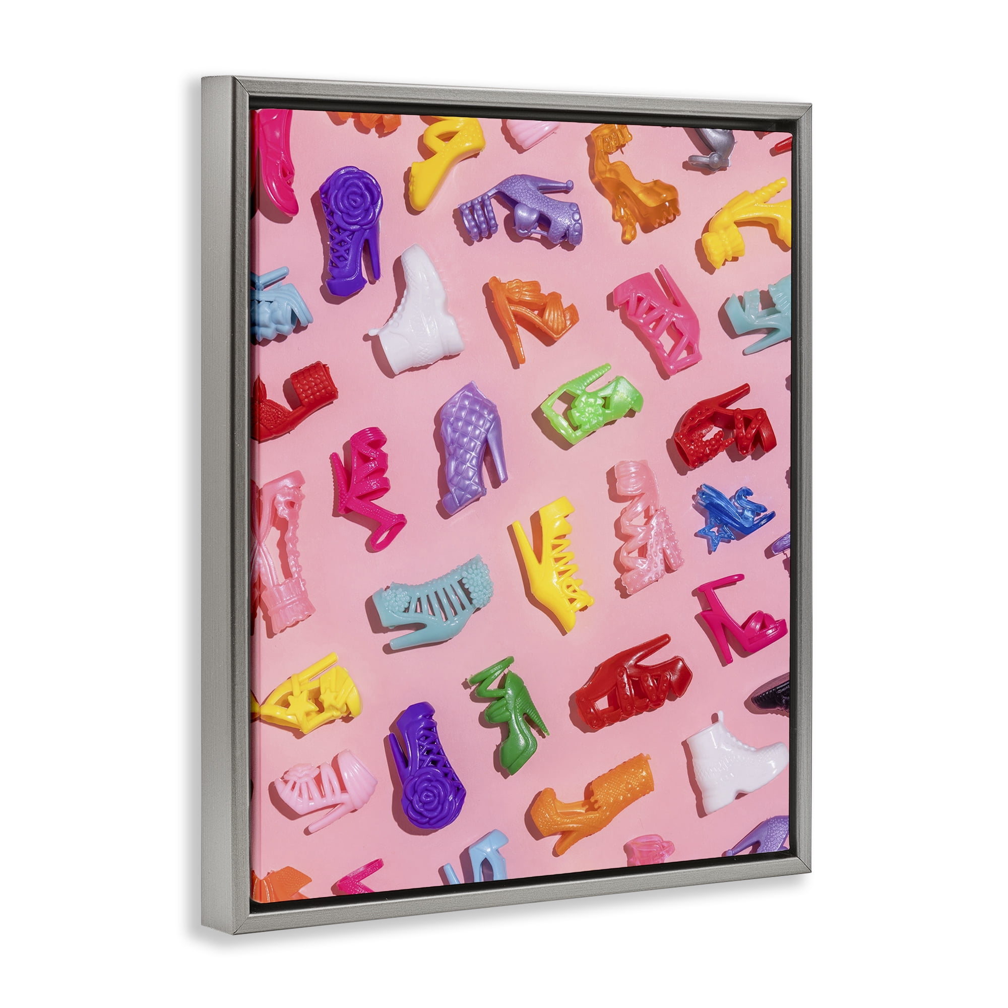 Stupell Industries Tiny Colorful Doll Shoes Gray Framed Floater Canvas Wall Art, design by LISH Creative