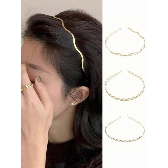 LinYooLi Silver Metal Headbands for Women, Elastic Hair Bands Stylish Thin Wavy Head Bands, Trendy Silver Hair Accessories Cute for Women Teens, 3 Pcs