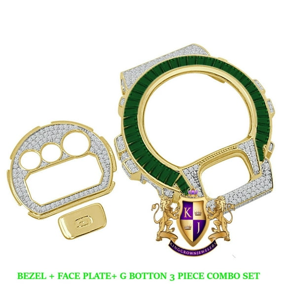 Baguette Emerald Green Yellow Gold Tone G Shock DW-6900 Simulated Diamond Watch Custom Cover Case Face Plate   Bezel   G Button 3 Piece Set