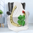 thumbnail image 4 of Clover Soft Flannel Fleece Throw Blanket, Luck Composition with Horseshoe Ladybug and Shamrock, Cozy Plush for Indoor and Outdoor Use, 50" x 70", Grey Yellow Vermilion, by Ambesonne, 4 of 5