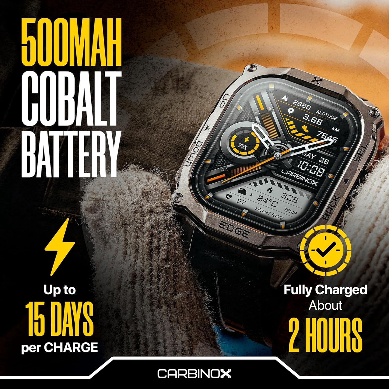 Carbinox Edge Smart Watch Rugged, 1.96″ AMOLED, Stainless Steel, IP69K/5ATM Fitness trackers, Bluetooth Calls, Android Phones iOS (Silver)