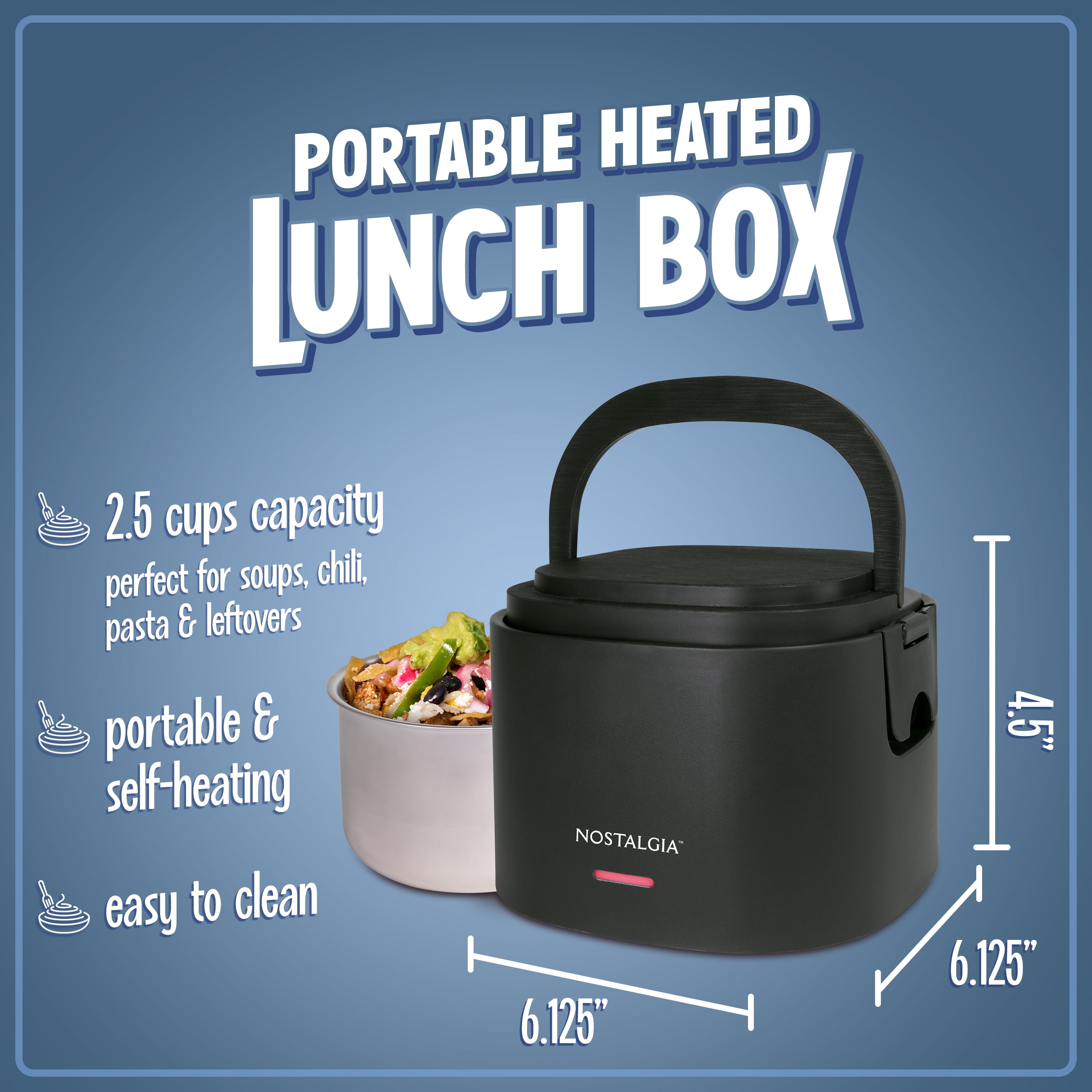 Nostalgia 20 oz Portable Heated Lunch Box with Stainless Steel Lunch Container, Black