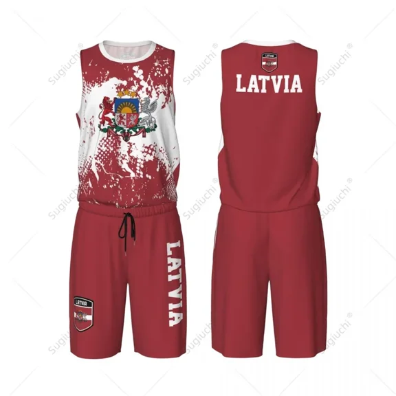 Team-up Latvia Flag Grain Men Basketball Jersey Set Shirt & Pants Sleeveless Custom Name Nunber Exclusive
