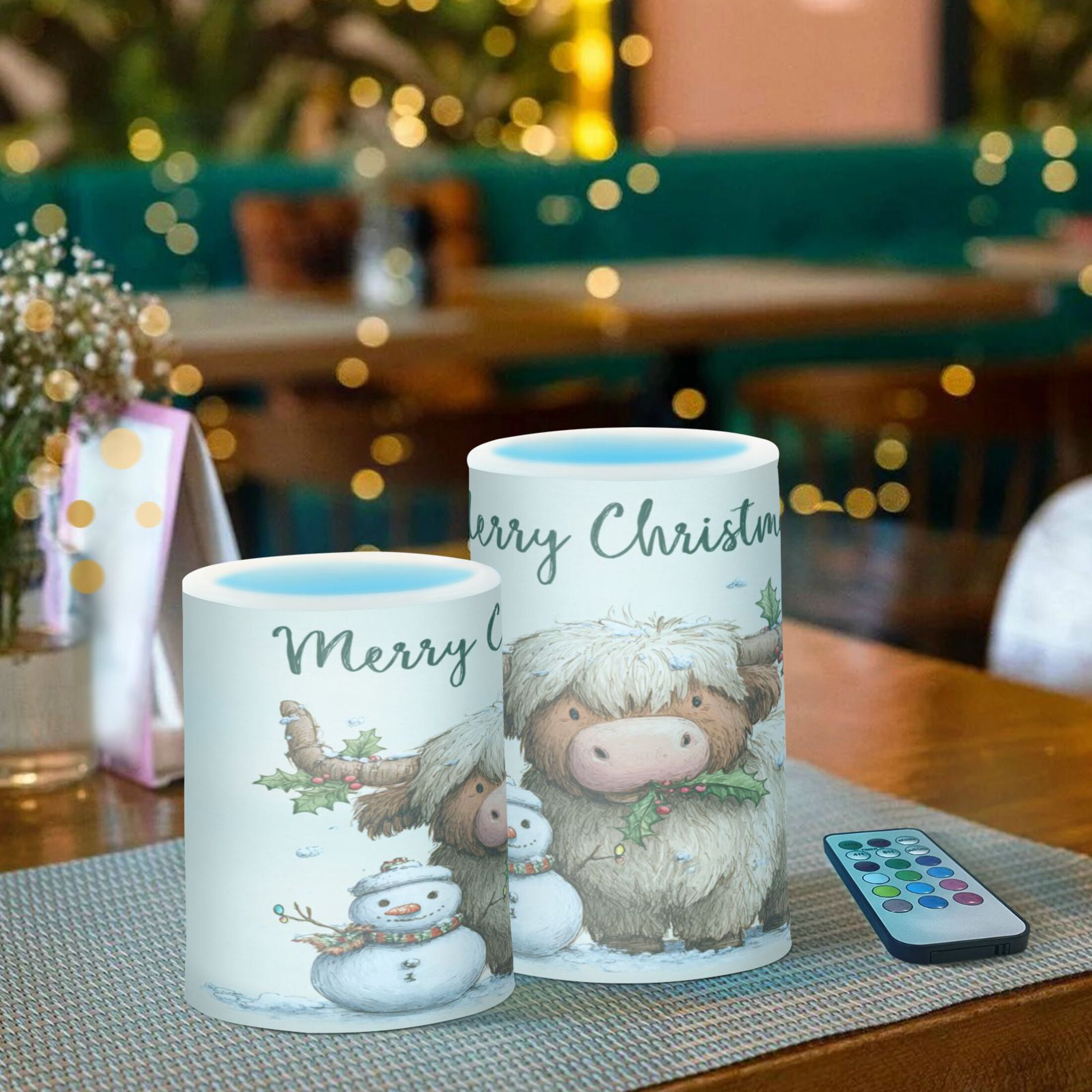 2 PCS LED Flicker Flameless Candle with Remote Control Realistic 3D Wick LED Window Decoration Candle Set for Wedding Table Home Decor Favors Christmas Highland Cow