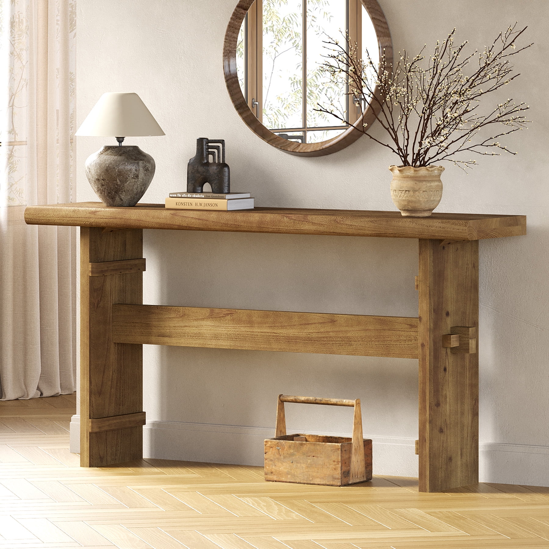 Finmind Solid Wood Console Table for Entryway, 63-Inch Long Farmhouse Sofa Table Behind Couch, for Foyer, Hallway, Living Room