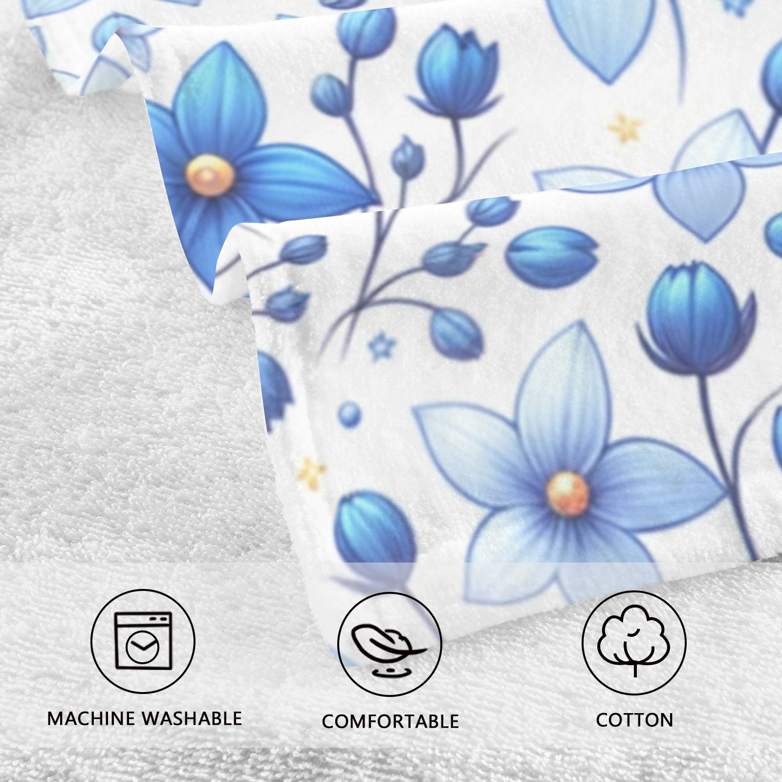 Cute Blue Flowers Hand Towels Cotton Bath Towels Large Face Towels Absorbent for Bathroom 2 Packs