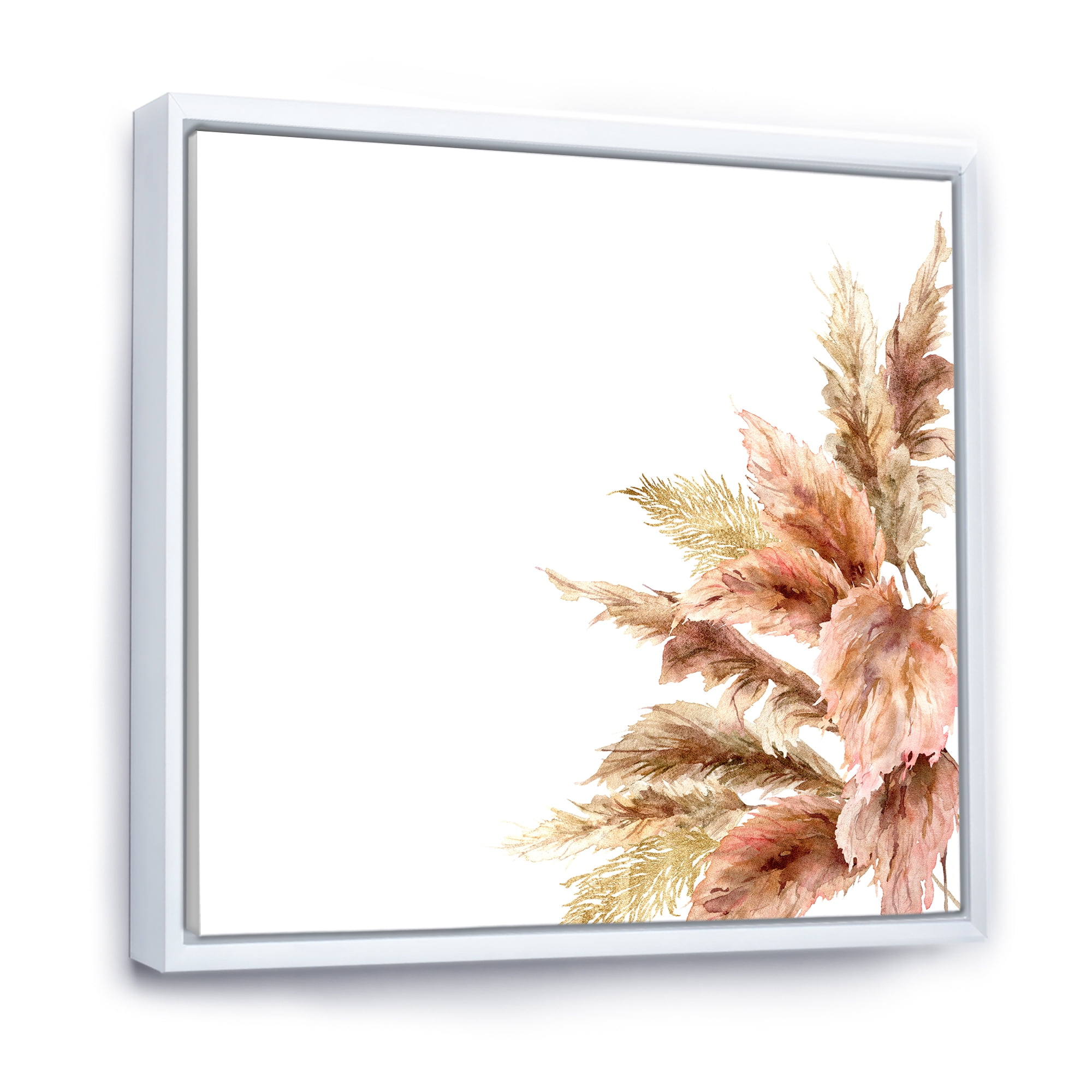 Exotic Dry Pampas Grass On White Background 16 in x 16 in Framed Painting Canvas Art Print, by Designart