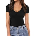thumbnail image 3 of TAIAOJING Women's Summer Wide Leg Jumpsuits Casual Tight Solid Color V Neck Short Sleeved Bodysuit, 3 of 5