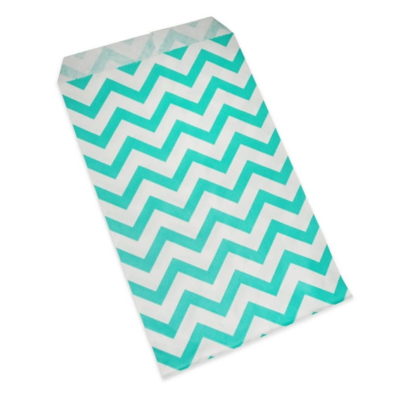 200 Qty 4" x 6" Decorative Flat Paper Gift Bags - Teal Blue Chevron Pattern on White Kraft Bags - for Sales/Treats/Parties Cookies/Gifts - N'icePackaging