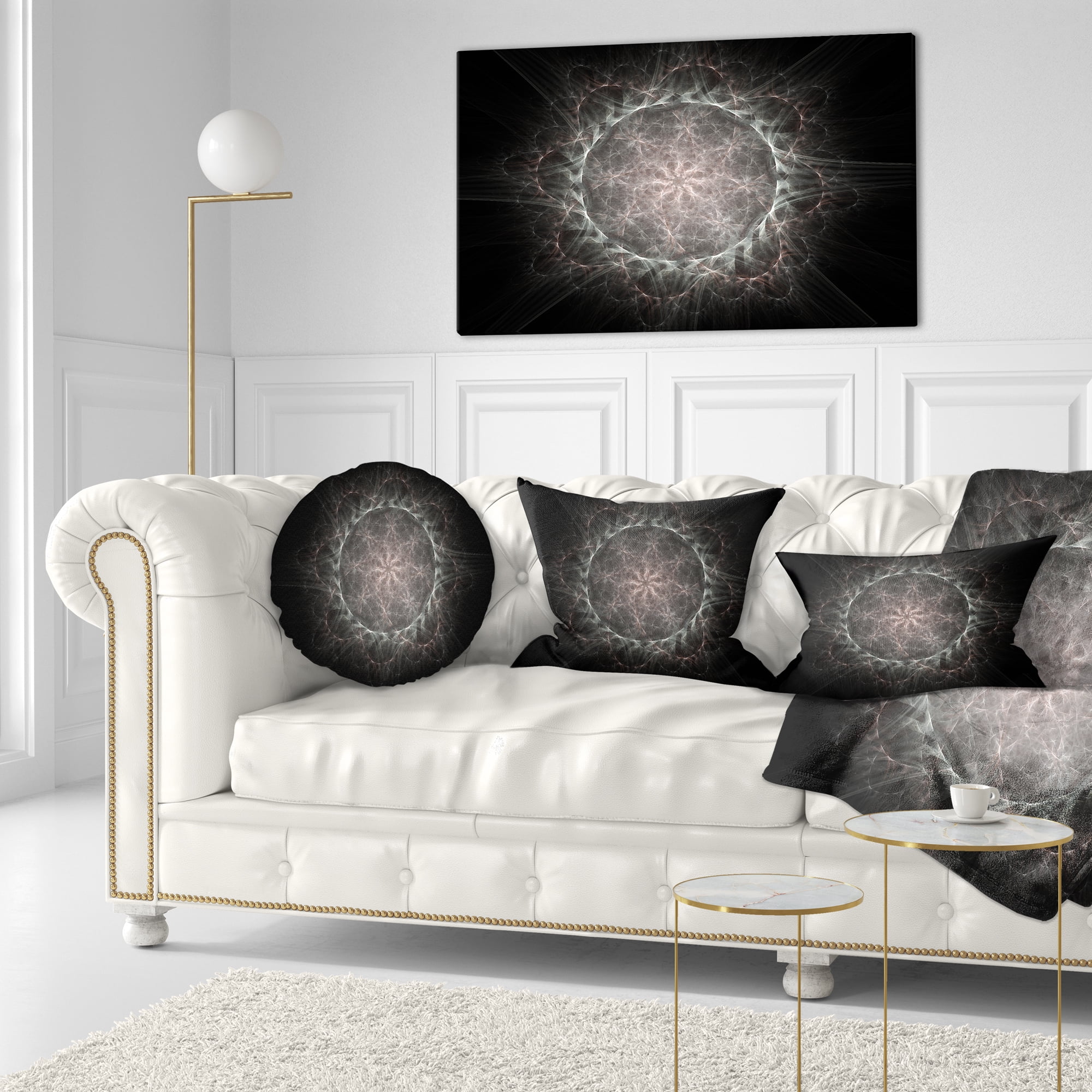 Designart Rounded Silver Glowing Fractal Flower - Floral Throw Pillow - 12x20