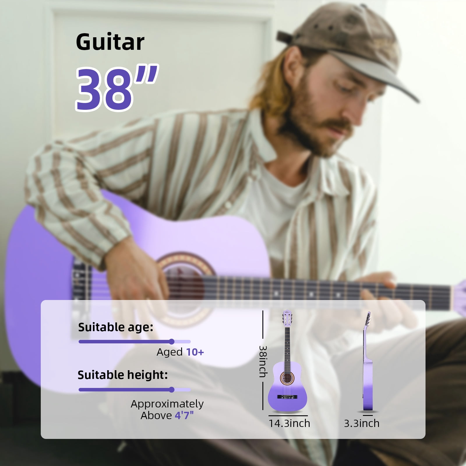 ADM Acoustic Guitar for Adults & Kids, 38" Travel Guitar Kit (Purple)
