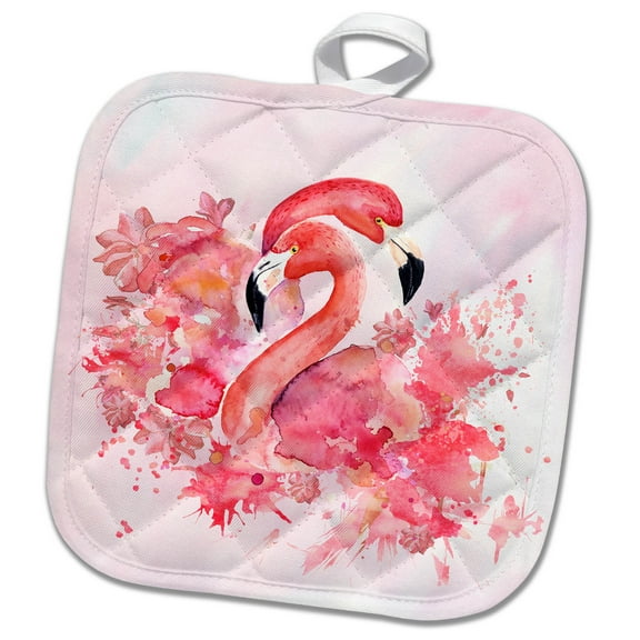3dRose, Two Beautiful Pink Flamingos Watercolor Anima Illustration, 8x8 Potholder