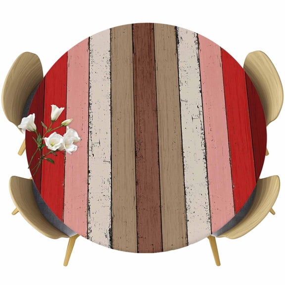 Red Pink Fitted Tablecloth with Elastic Edged, Round Table Cloth for Dining Table, Farmhouse Wood Grain Vintage Brown Striped Waterproof Oil Proof Table Cover for Indoor Outdoor 55"-60"