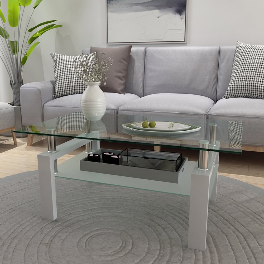Kadyn Coffee Table, Clear Coffee Table with Storage Rack, Tempered Glass Modern Side Center Tables for Living Room, White Tube Kadyn Coffee Table, Clear Coffee Table with Storage Rack, Tempered Glass Modern Side Center Tables for Living Room, White Tube