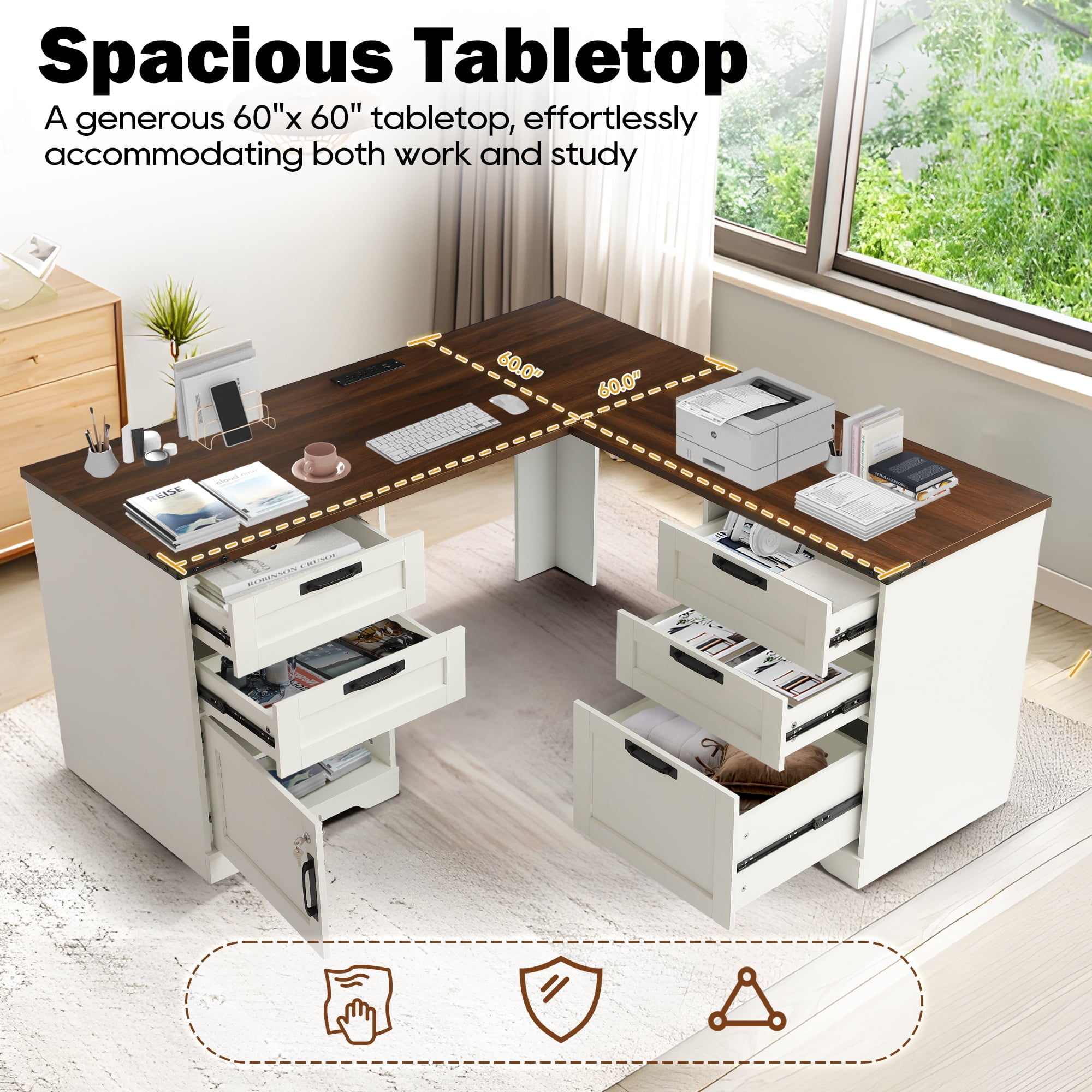 Magic Union L Shaped Executive Desk with Drawers, Home Office Desks with Charging Station, File Drawer, Lockable Adjustable Storage Cabinet, Large Corner Computer Table for Work And Study