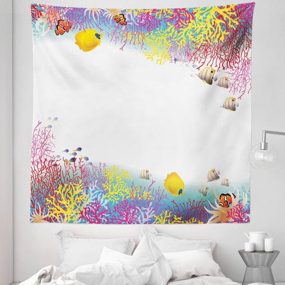 Marine Tapestry, Aquatic Nautical Illustration of Deep Underwater World Wildlife Animals with Corals, Fabric Wall Hanging Decor for Bedroom Living Room Dorm, 5 Sizes, Multicolor, by Ambesonne