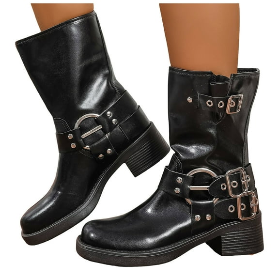Buckle Mid Calf Motorcycle Riding Boots for Women Fashion Studded Punk Square Toe Wide Calf Cowboy Booties