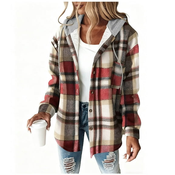 RQYYD Women's Plaid Flannel Plaid Shacket Button Up Hooded Long Sleeve Fleece Jacket Winter Coat with Side Pockets