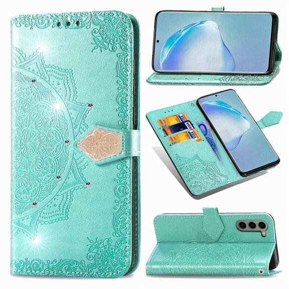 Wallet Case for Samsung Galaxy S23, Glitter PU Leather Magnetic Closure Handbag Embossed Case Kickstand Card Holder Slots with Wrist Strap TPU Shockproof Flip Cover RFID Blocking, Green