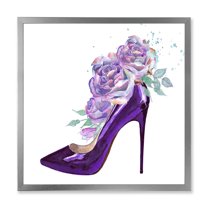 Designart 'Pink VIolet Roses With Dark Purple Stiletto Shoe' Traditional Framed Art Print