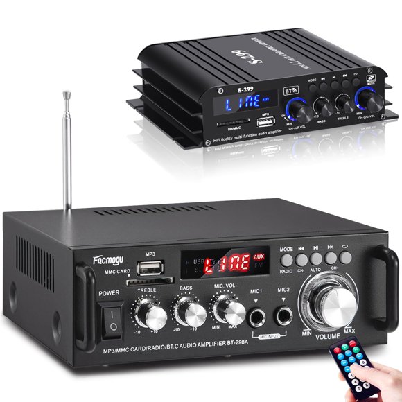 Home Audio Amplifier - 298A + S-299 Bluetooth 5.0 Audio Amplifier, Hi-Fi Integrated Mini Speaker Amp for Home Theater Speakers, Bass & Treble Control (with Remote Control)