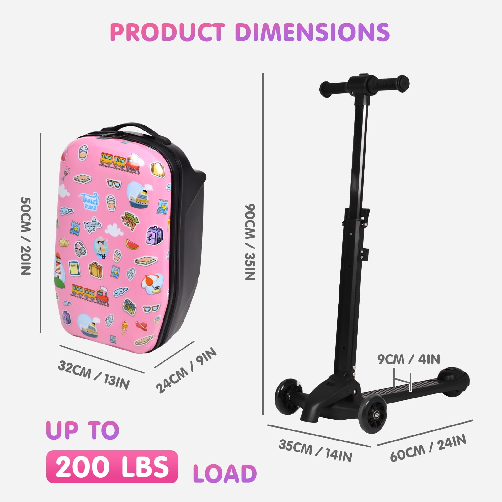 Advwin Kids Scooter Luggage with LED Wheels, 4-in-1 Detachable Foldable Ride-On Suitcase, Travel Sticker Design Hardside Carry-On Travel Luggage, Convertible Backpack, Pink
