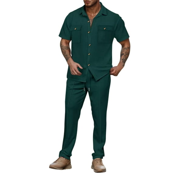 Afdoent Men's 2 Piece Short Set 2026 Summer Men's Casual Fashion Button Pocket Short Sleeve Shirt Pants Suit Solid Color Vacation Beach Casual