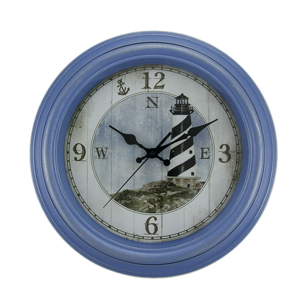 Round Distressed Blue Framed Nautical Lighthouse Wall Clock 13 in