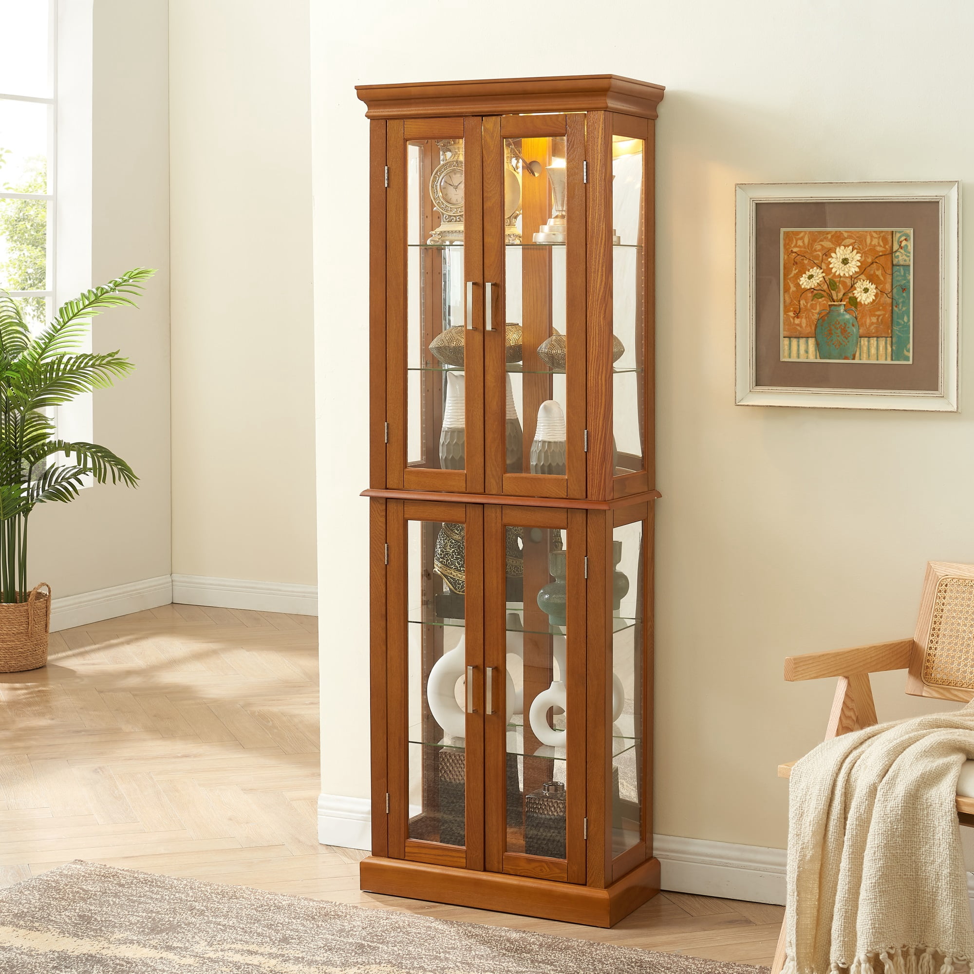Miniyam Curio Display Cabinet with Adjustable Glass Shelves, Light, Oak
