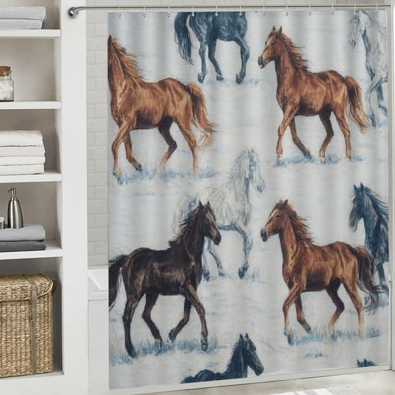 RKSupls Christmas Shower Curtain, Running Horse Shower Curtain with Hooks for Christmas Home Bathroom Decor Washable Curtains, 72x72 in