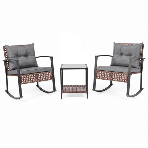 Gymax 3PCS Rattan Wicker Patio Conversation Set w/Chairs 2-Tier Glass-Top Coffee Table Mixed Brown & Gray