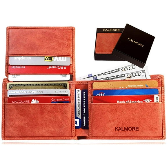 Men's RFID Blocking ID Window Multi-Card Travel Bifold Genuine Leather Pocket Wallet - in Gift Box