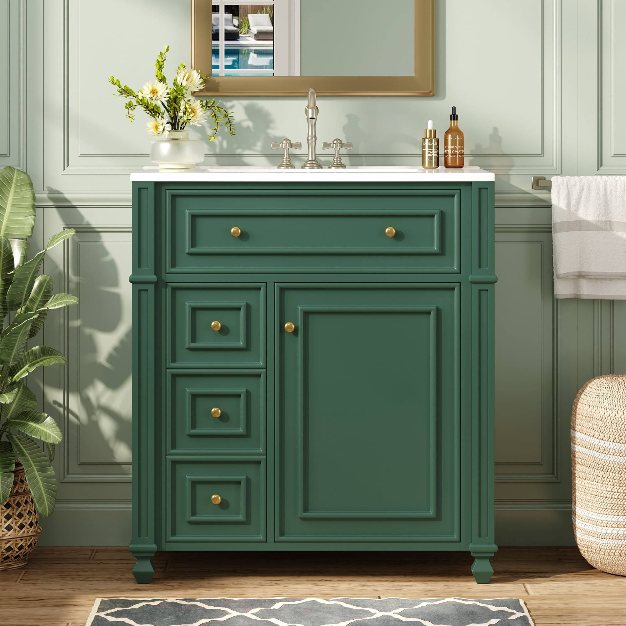 Euroco Bathroom Vanity Cabinet with Ceramic Sink Basin, 30 Inch, Storage Cabinet with Soft Close Doors and Door Organizer