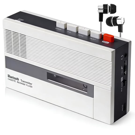 Wiher Cassette Tape Player, Portable Cassette Tape Recorder with Bluetooth Transmitter, AM FM Cassette Player with Big Speaker, Headphone(White)