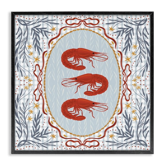 Stupell Industries Prawn Trio on Blue Gingham Black Framed Giclee Art, design by Vero Illustrates
