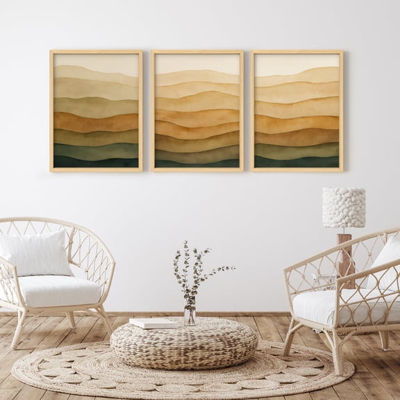 Framed Print Wall Art Set of 3 - Abstract Mountain Landscape Poster Art - 3 Pieces Nature-Inspired Neutral Modern Wall Decor for Living Room - 12"x16"x3 Natural