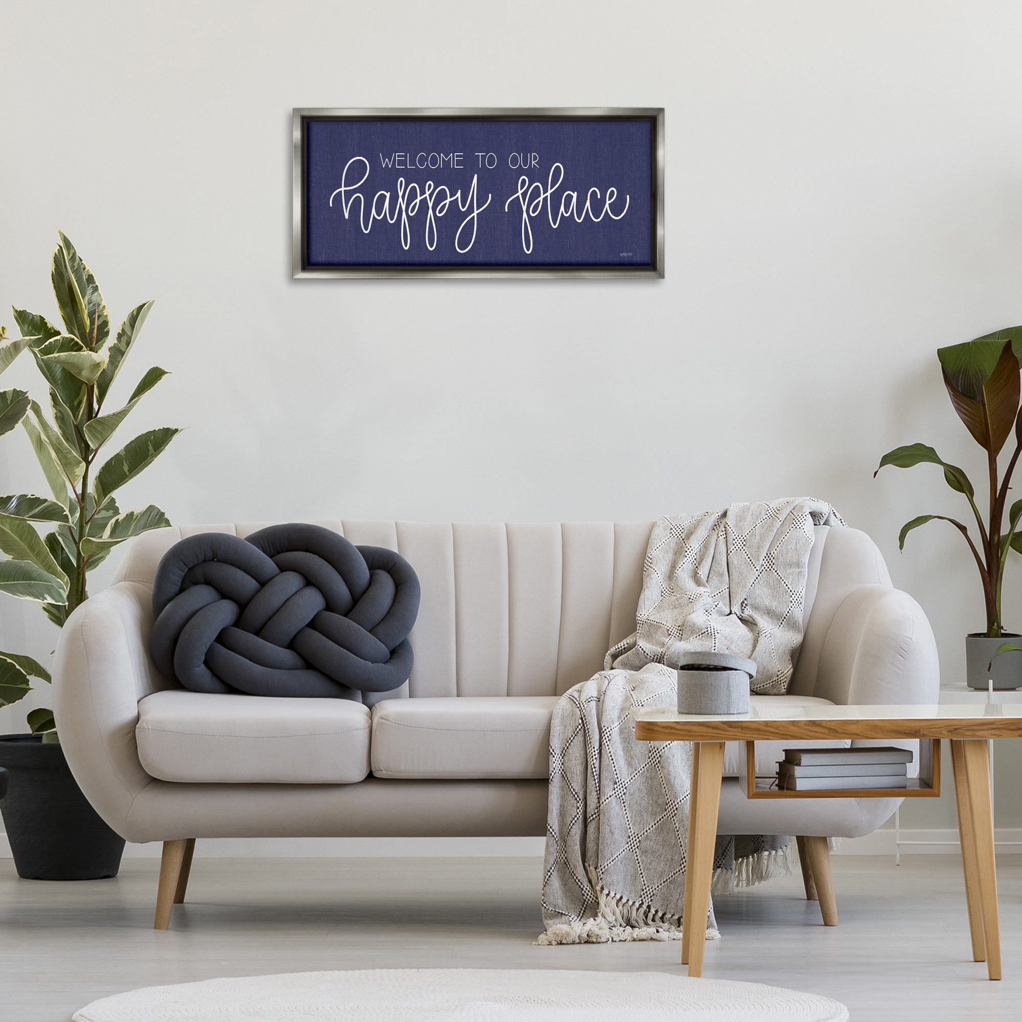 Stupell Industries Welcome Happy Place Typography Painting Gray Floater Framed Art Print Wall Art, 31 x 14