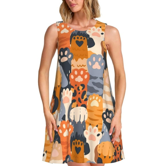 Wukai Cute Cat Paw Print Women's Sleeveless Dress, Loose Fit Casual Dress for Women, Comfortable Sleeveless Summer Dress