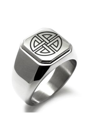 Stainless Steel Shield Knot Viking Norse Rune Engraved Square Flat Top Biker Style Polished Signet Ring