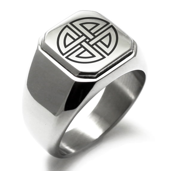 Stainless Steel Shield Knot Viking Norse Rune Engraved Square Flat Top Biker Style Polished Signet Ring