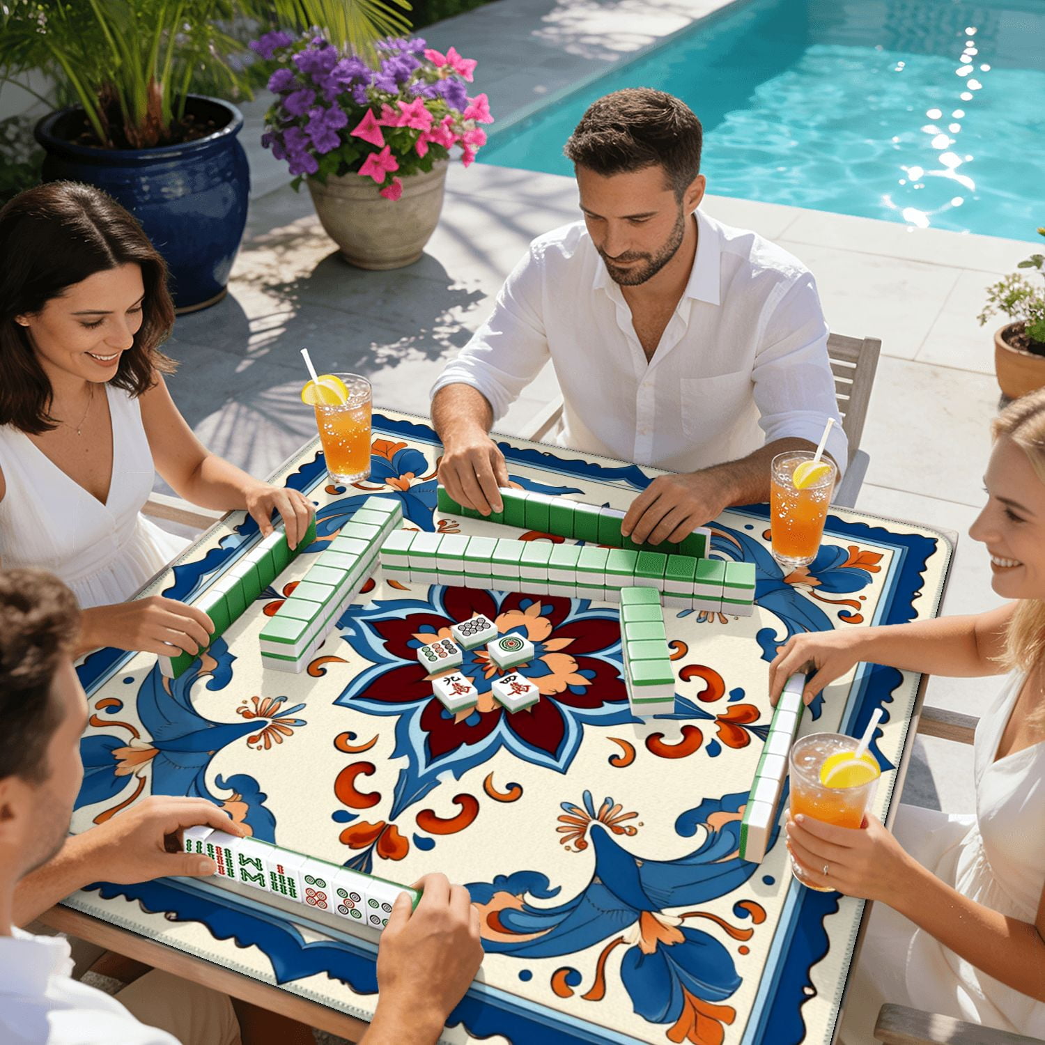 Mahjong Mat 31.5" x 31.5" Ornamental Floral Tile Blue Orange Symmetrical Design Non-Slip Noise Reduction American Mahjong Tiles Table Cover for Dominoes Poker Card Board Games Gift