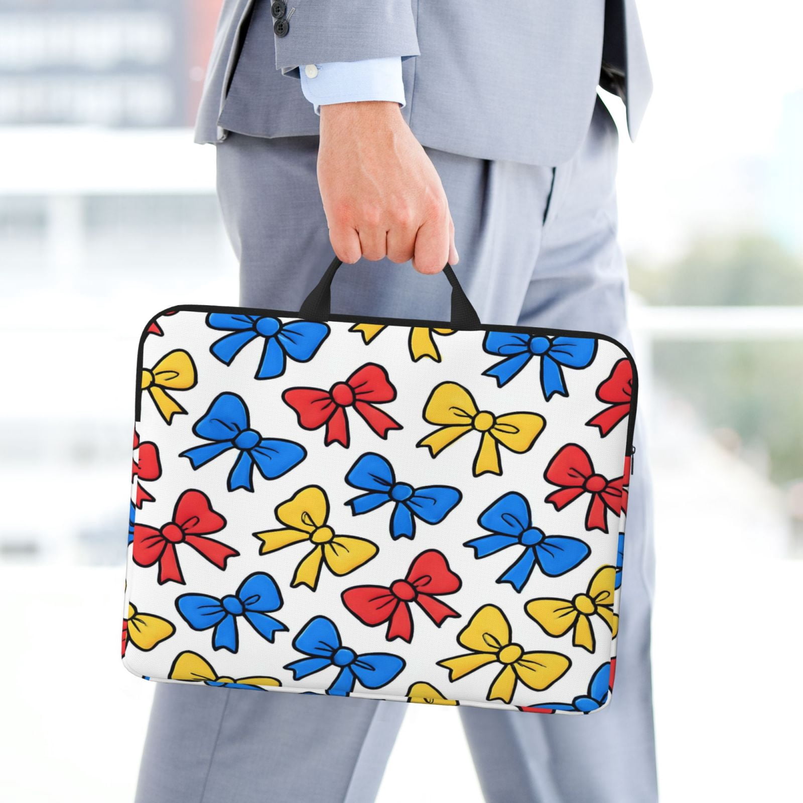Laptop Sleeve Bag For Women Men 14inch Waterproof Durable Protective Computer Carrying Cover Handle Laptop Case Bag Playful Cartoon Primary Color Ribbon Bow Pattern