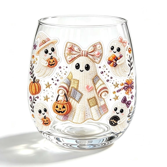 LOWLHOME Halloween Artisan Glassware Collection, Premium Handleless Glass with Cute Ragged Pumpkin Ghost, for Gothic Party & Cozy Fall Home Bar, C