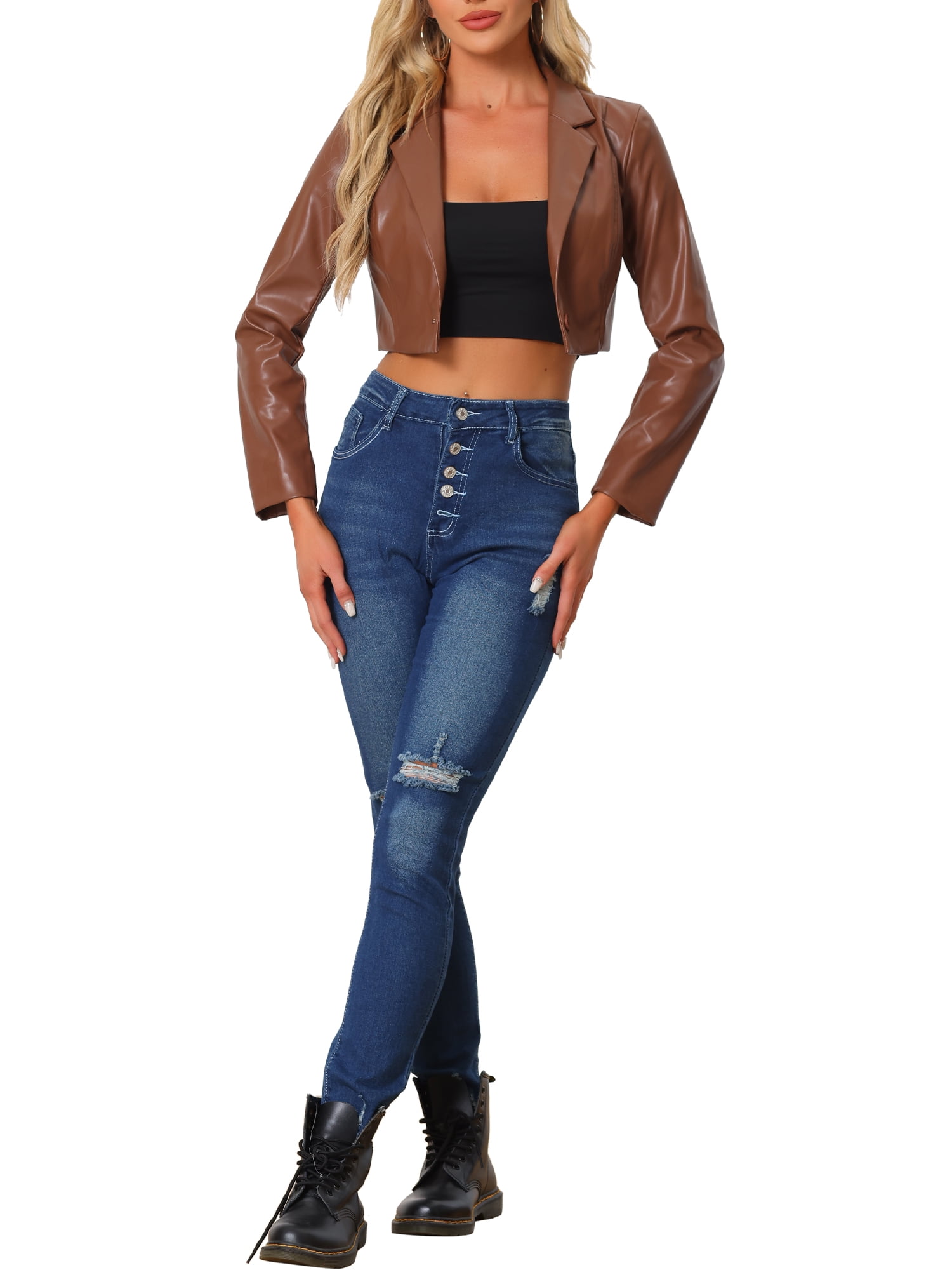 INSPIRE CHIC Faux Leather Cropped Blazer for Women's Notched Lapel Collar Single Breasted Moto PU Jackets S Brown