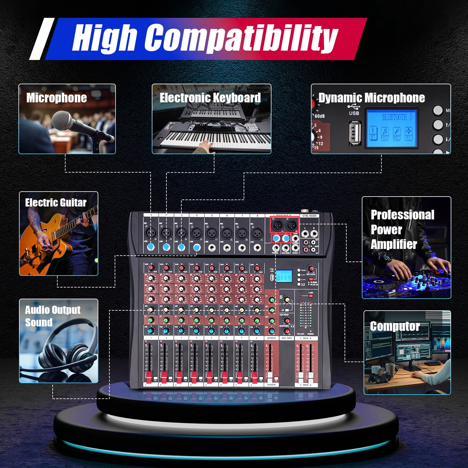 Bluetooth Digital Audio Mixer Professional Interface 8-Channel Mixing Console Sound Board for DJ KTV and