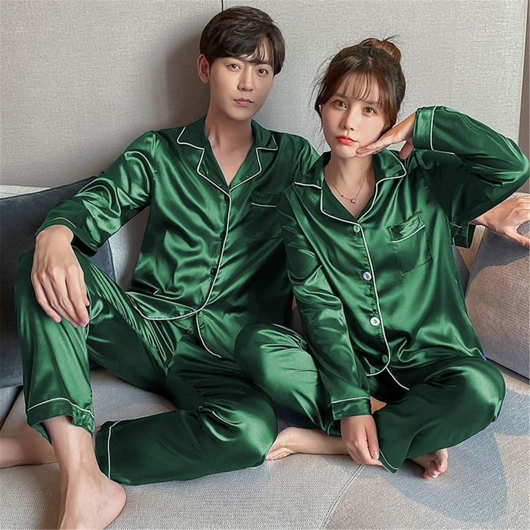 Couples Unisex Silk Pajamas Set Sleepwear Nightgown Long Sleeve Men Satin  Pijama