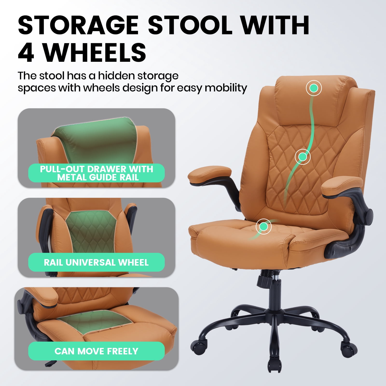 Garvee Big and Tall Executive Leather Office Chair – 350 lbs Capacity Ergonomic Computer Desk Chair – Lumbar Support, Adjustable Turn-Up Arms & Wheels, High Back Managerial Chair – Brown