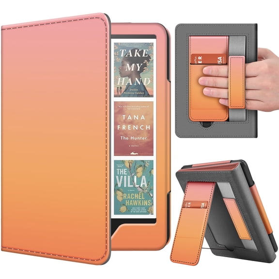 Stand Case for Kindle Paperwhite 12th Generation 2024 / Kindle Colorsoft Signature Edition with Hand Strap & Card Slot - 7" PU Leather Protective Folio Cover with Auto Wake/Sleep, Pink Orange