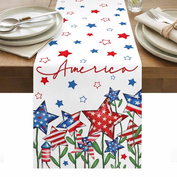 Independence Day Table Runner - 70 Inch Long, Kitchen Dining Table Runner Dresser Scarves, 4th of July Red Blue Stars Patriotic Farmhouse Decor for Coffee Tables Wedding Party Banquet